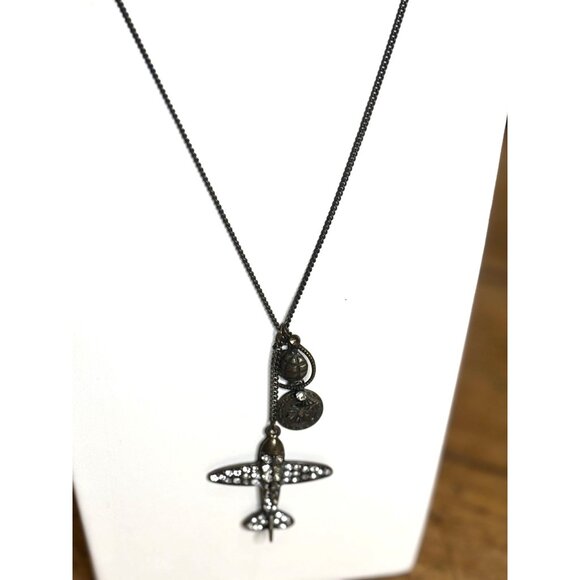 Vintage-Inspired Airplane Pendant Necklace With Globe & Compass Charms Rhineston - Picture 7 of 7